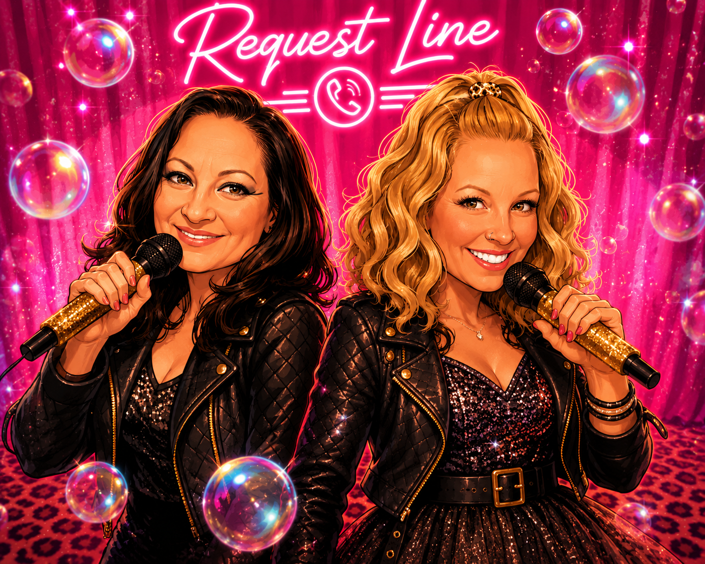 Request Line Duo promotional image showing CuppyCake and Lady J holding microphones on a bright pink stage backdrop